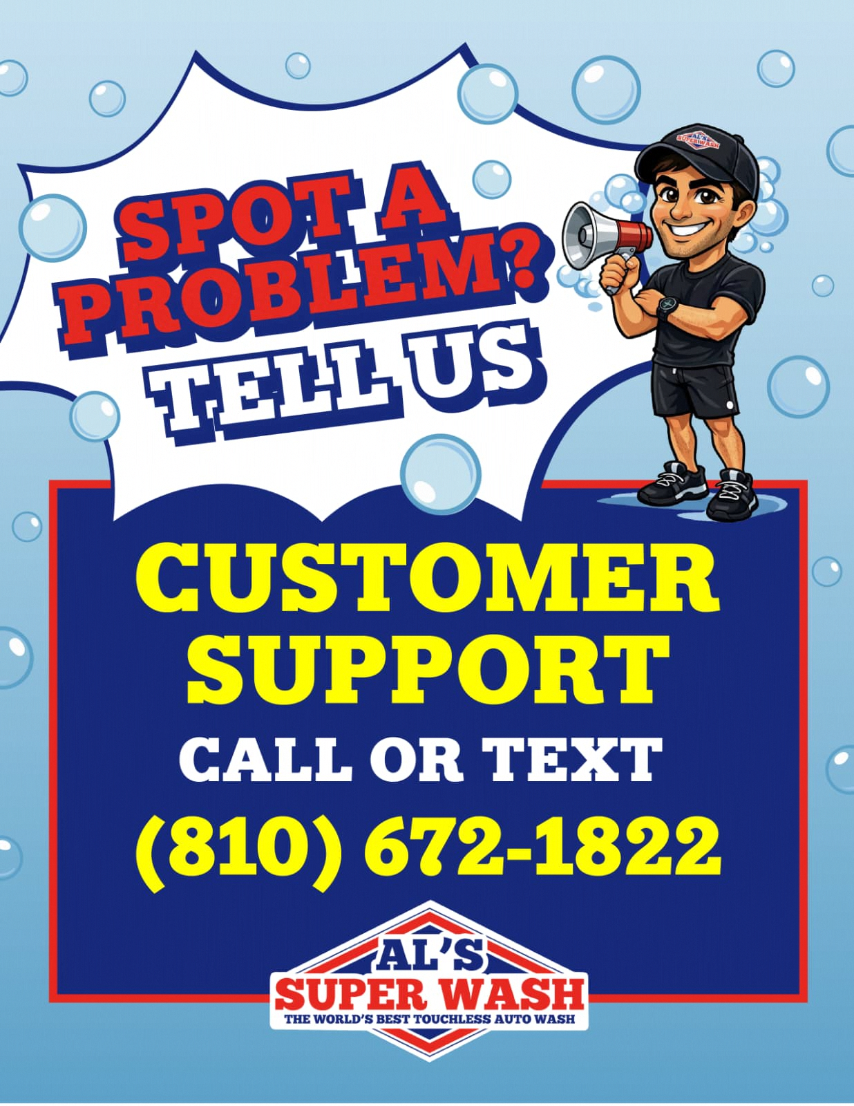 Spot a problem? Tell us. Customer Support Call or Text (810) 672-1822